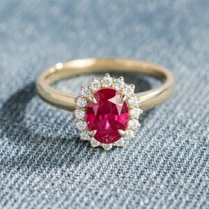 May include: A gold ring with an oval ruby centre stone, encircled by a halo of small diamonds. The ring is set on a light blue denim surface. The design highlights the ring's elegant features and gemstone brilliance.