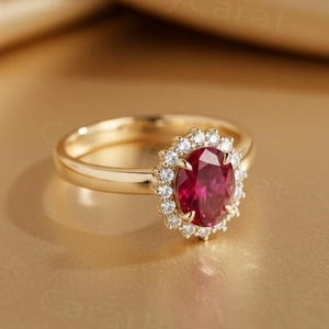 Könnte beinhalten: Ein goldener Ring mit einem großen ovalen Rubin-Mittelstein, umgeben von einem Kranz aus kleinen, klaren Edelsteinen. Der Ring ist vor einem goldenen Hintergrund platziert, was einen luxuriösen und eleganten Look erzeugt.