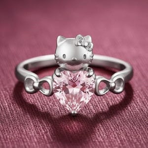 May include: A silver ring featuring a heart-shaped pink gemstone. The ring has a Hello Kitty design with a bow on the head. The ring has bow accents on the sides and is set against a burgundy background.