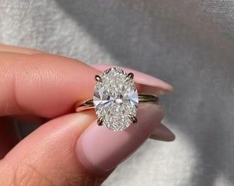 Oval Moissanite Engagement Ring • Solitaire Hidden Halo Ring • 14K 18K Solid Gold Oval Ring • Plain Gold Band • Bridal Wedding Gift for Her