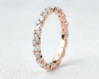 Anillo de boda redondo de moissanita talla marquesa vintage, anillo de boda de oro rosa macizo de 14k, anillo de eternidad completo, anillo de promesa, anillo de aniversario