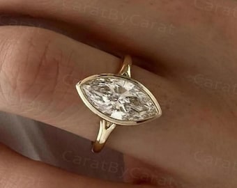 Marquise Cut Moissanite Engagement Ring • 14K Solid Gold Bezel Set Solitaire • Marquise Wedding Ring • Dainty Anniversary Gift for Her