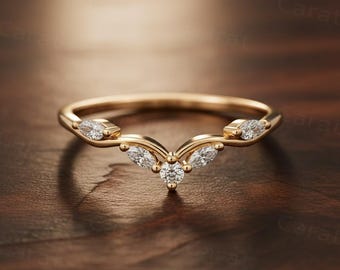 Marquise-slipad moissanit böjd vigselring unik diamantring i gult guld matchande ring gåva