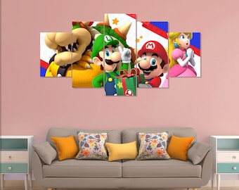 Super Mario poster, Peach, Luigi 5 pieces canvas art