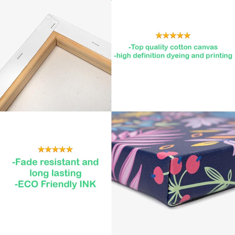 Puede incluir: Primer plano de una impresi&oacute;n en lienzo con un dise&ntilde;o floral en rosa, morado y verde sobre un fondo azul marino. El lienzo est&aacute; estirado sobre un marco de madera. El texto de la imagen dice "Top quality cotton canvas" y "Fade resistant and long lasting".