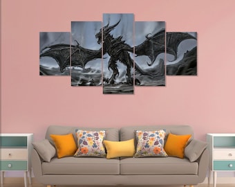 Skyrim Poster, Gaming Drache 5 Teile Leinwand Wandkunst