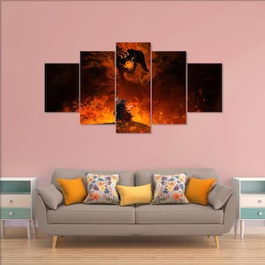 May include: A five-panel canvas art piece depicting a fiery battle scene. The artwork features a figure silhouetted against a backdrop of flames, facing a creature in a dramatic, action-packed composition. The color palette is dominated by shades of orange, red, and black.