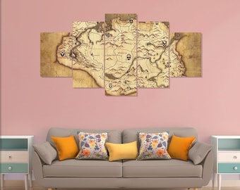 Póster del mapa de Skyrim, arte mural en lienzo de 5 piezas para videojuegos
