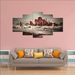 May include: A five-panel wall art piece depicting a red city landscape with a dramatic sky. The artwork features a central building with multiple domes and towers, surrounded by a misty, desolate environment. The color palette includes shades of red, gray, and white.