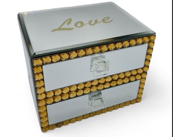 Mirrored Jewelry Box, Crystal Trim, Love Lid, Vanity Organizer