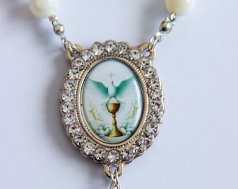 Catholic  First Communion Rosary | White Crackle Glass Beads | Holy Spirit Dove Centerpiece