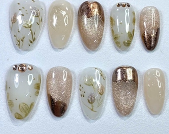 Golden Botanical Press On Nails, Beige White Floral Nails, Short Oval Elegant Neutral Handmade Gel Nail Set