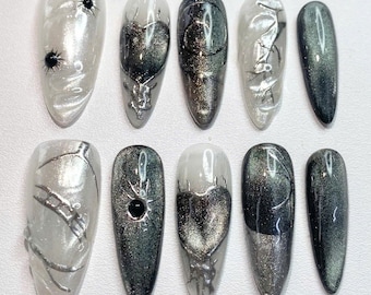 Gothic Chrome Press On Nails, Black Silver Cat Eye Nails, 3D Heart Long Almond Handmade Gel Nail Set