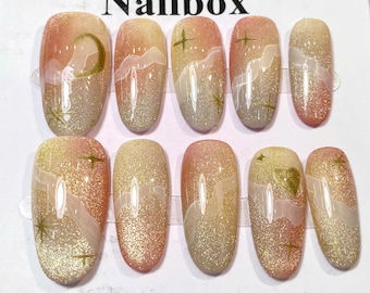 Ombre Glitter Cat Eye Press On Nails, Pink Gold Magnetic Nails, Shiny Handmade Gel Reusable Nail Set