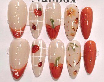 Autumn Pumpkin Press On Nails, Orange Fall Leaf French Nails, Thanksgiving Handmade Gel Nail Set