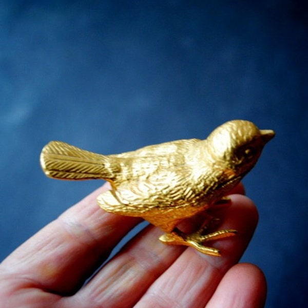 1960 vintage  gold gilded brass , precious  bird sparrow , small pill box with tiny  tongs  , magnet. By Florenza.