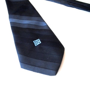 Luxurious vintage 80s dark navy blue polyester necktie with a light blue logo. Made by Givenchy. image 2