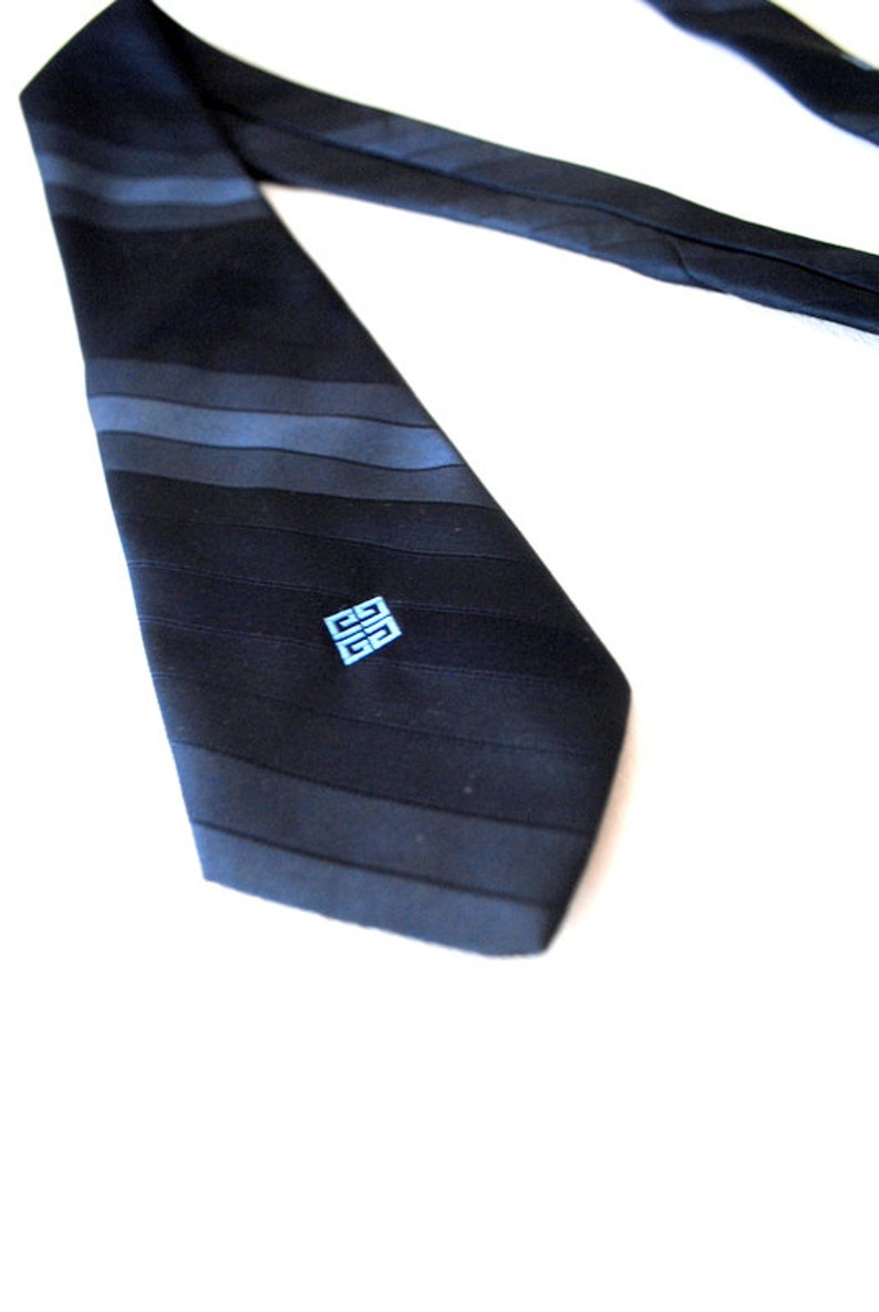 Luxurious vintage 80s dark navy blue polyester necktie with a light blue logo. Made by Givenchy. image 2