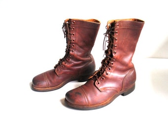 The original US Army , vintage 1950s, genuine brown leather,combat, paratroopers, Korean War , military boots by Light Thread. Size 9 W.