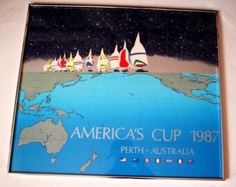 1987 vintage , rare sport lithograph, contemporary  art print" American Cup 1987, Perth,  Australia" by Robert Preston, Waterlines Publisher