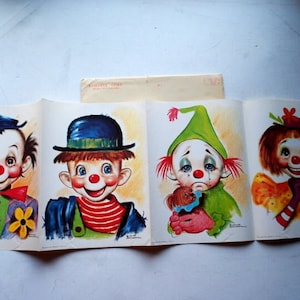 1965 vintage, unieke portfolio van de vier lithografie, ongesneden kunstafdrukken van de clowns. van Dianne Dengel.