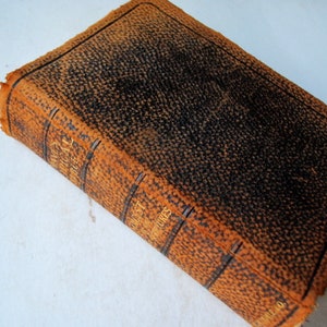 May include: A vintage brown leather-bound book with gold lettering on the spine. The book is worn and has a textured surface.