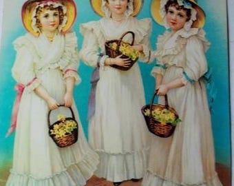 1915年ドイツ製、ヴィクトリア朝様式のクロモリトグラフ「春の乙女たち」または「三姉妹」。