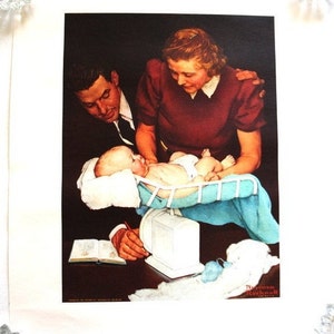 May include: A vintage illustration depicting a family welcoming a new baby. A man in a suit sits at a table, writing in a book. A woman in a red dress holds a baby in a blue and white bassinet. The baby is being weighed on a scale. The illustration is signed "Norman Rockwell".