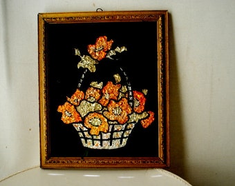 1900 vintage ,  rare  tinsel  foil  reverse folk painting " Orange  Flowers  in White Vase", framed, behind  clear glass.