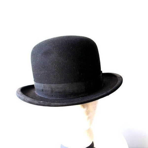 Classy vintage des années 1930, laine noire, derby, chapeau pour hommes melon. Fabriqué par Mallory à New York. Taille 6 7/8