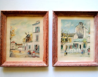 Lovely vintage 50s, set of two, original, lithograph, art prints # 4 and# 6 &quot; Lapin Agile&quot;  by Maurice Ultrillo, printed by Sidney Z Lucas.