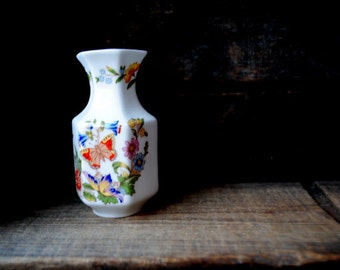 Art Nouveau vintage 60s, miniature porcelain hexagonal vase in the " Cottage Garden"  multi color pattern.Made by Aynsley  in England.