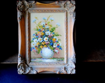 1980 vintage , wonderful , miniature  original  oil on canvas  painting  &quot; Still life&quot;  , vase  summer  flowers. By Silvia.