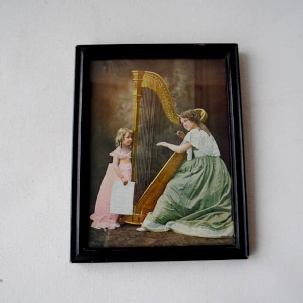 1900 vintage , beautiful ,   pastel multicolor, original Victorian  , small  lithograph " Two Young Sisters  Playing the Harp".