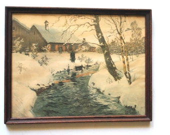 Original vintage 1926s , lithograph art print&quot;The first murmurs of spring&quot;by Frits Thaulow  , etching  by Henry Jourdain. Printed In Paris.