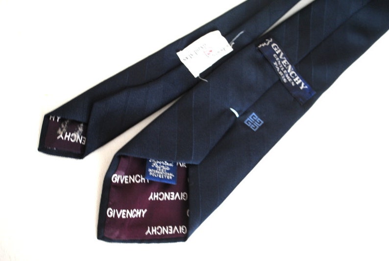 Luxurious vintage 80s dark navy blue polyester necktie with a light blue logo. Made by Givenchy. image 5