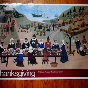 1985 vintage  rare two sides  lithograph  teaching poster supplement  to  Weekly reader "The Thanksgiving" and " The Statue  of Liberty" .