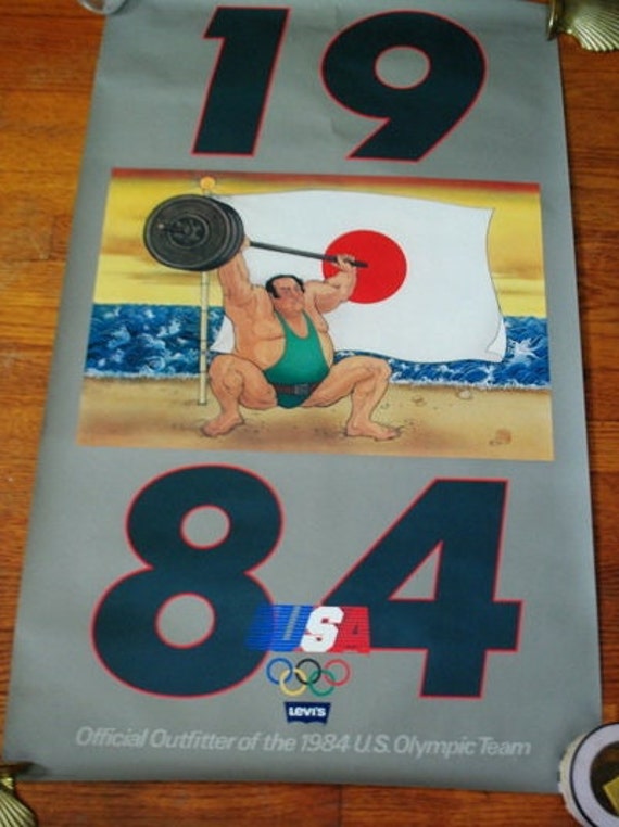 Awesome Vintage 1984, Original, Lithograph, Olympic, Advertising , Levi's  Pants Weigh Lifter Poster. Japan. -  Sweden