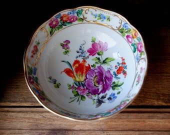 Beautiful  vintage 1890,   Dresden  porcelain  small bowl,  salad dish with multicolor  hand painted flowers. By  Carl Thieme.