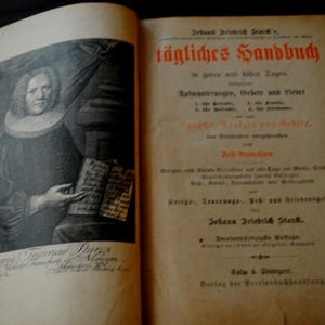 1886 vintage,  rare religious book,  German language  prayers "  Daily  Handbook in Good  and Bad Days"  by  Johann Friedrich  Starck.