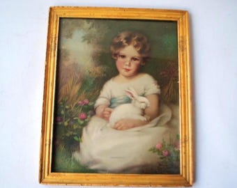 1920 Annie  Benson  Muller  original  lithograph  " Girl and Rabbit",   by Borin MFG Co, Chicago.