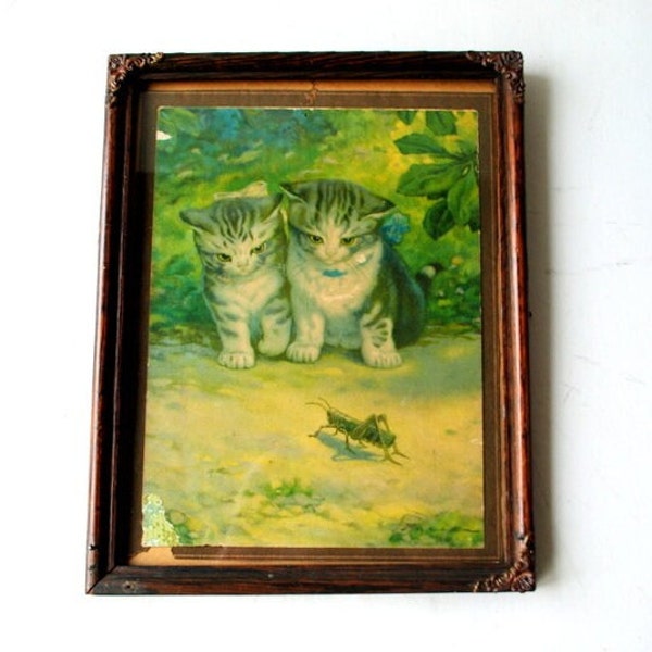 1910  vintage  original, lithograph , small art print " What is it"  with  a cute image  of two kittens  watching  grasshopper.