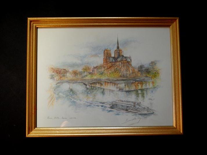 1970 vintage lithograph, signed , delicate art print " Paris, Notre -Dame, abside et la Siene" by Bernadette Voz ( Belgium, 1923-).