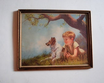 Happy  vintage 1940 , original, lithograph , art print " Outward Sunshine,  Inward  Joy" by  Adelaide Hiebel ( 1886-1968).