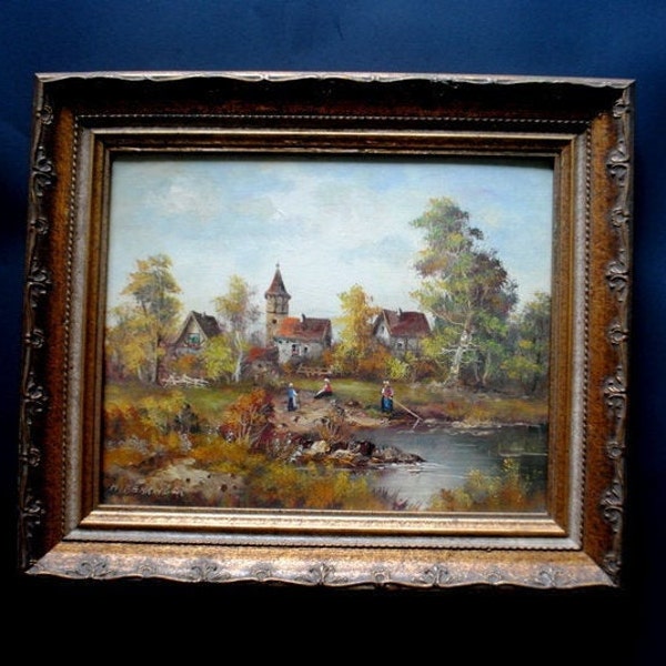 Fall and peace  Vintage 1950 s, original oil painting  of the Germans landscape with a village scene. By Johann Behringer( 1929-).