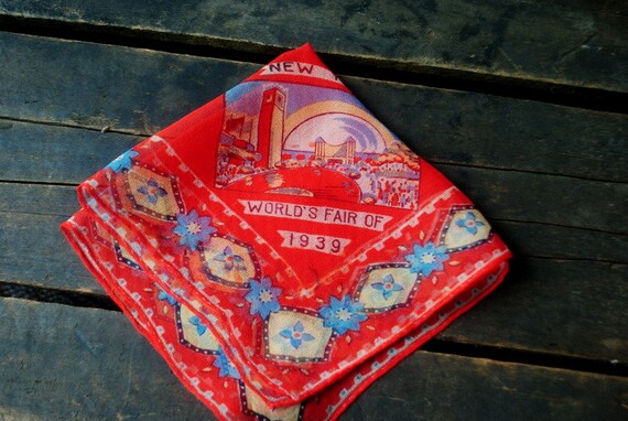 Souvenir  vintage 30s, red , fine silk handkerchi… - image 1