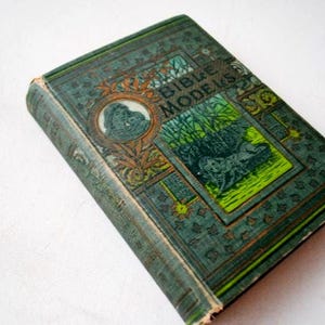 May include: An antique book titled "Bible Models" with a teal cover. The cover features an illustration of a person and a landscape scene in a green and gold frame. The book's spine is visible, showing the title and some wear.