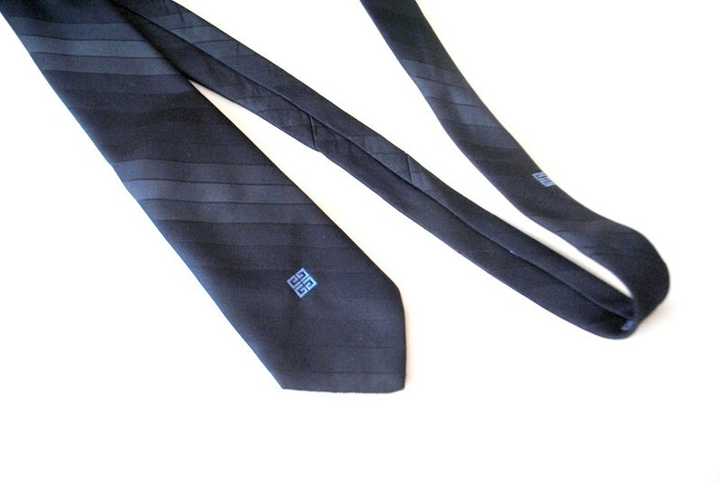 Luxurious vintage 80s dark navy blue polyester necktie with a light blue logo. Made by Givenchy. image 3