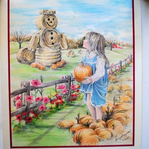 May include: A watercolor illustration of a girl holding a pumpkin in a field with a scarecrow made of hay bales. The text reads "The Great Pumpkin Fest 1994, Zeeland, Michigan."
