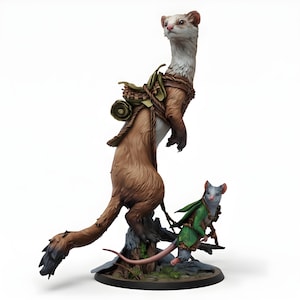 May include: A detailed figurine of a brown and white ferret standing upright, wearing a saddle and pack. A small gray mouse in a green cloak stands nearby. The figures are on a small base with a tree stump and foliage.
